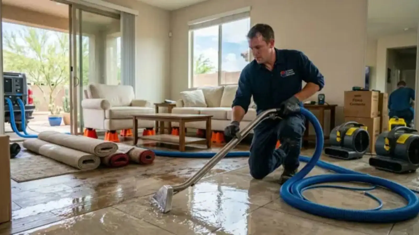 Technician extracting water from a living room floor with air movers and rolled-up rugs nearby